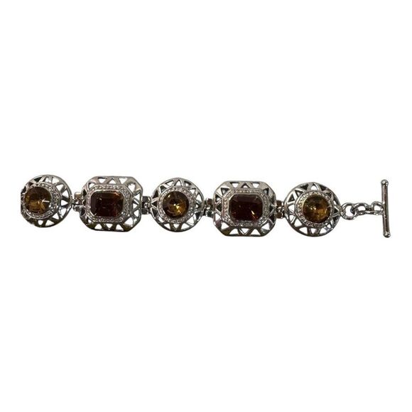 Vintage Silver & Citrine Stone Link Bracelet With Toggle Clasp 7" - 8" Art Deco - Picture 6 of 6